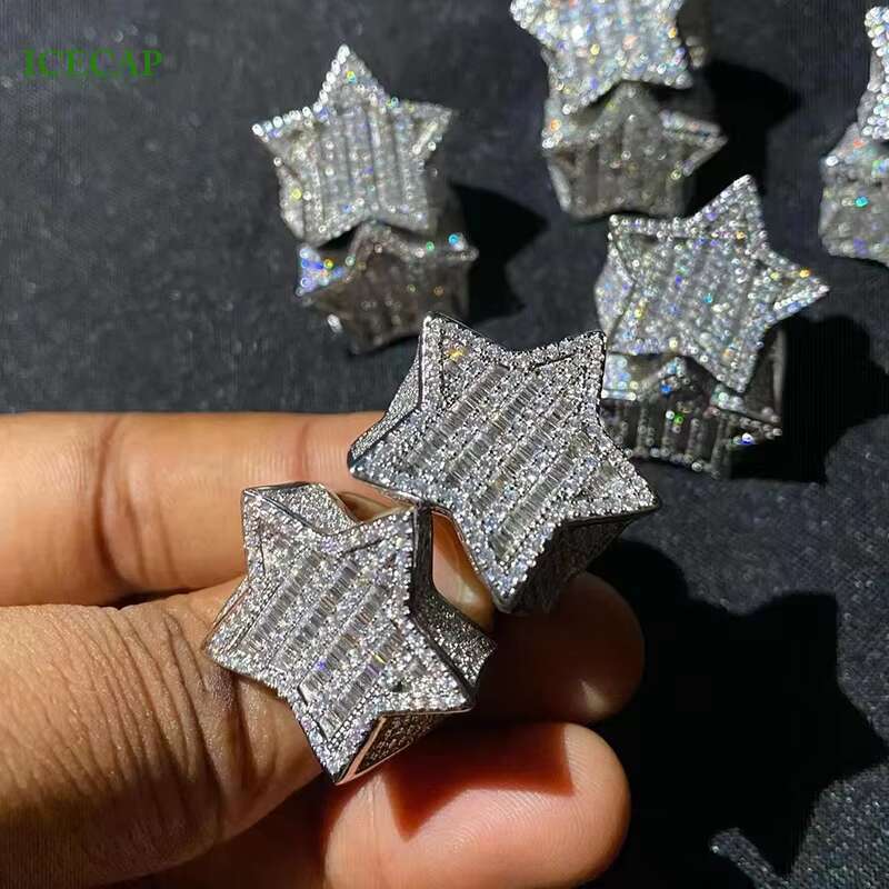 Full VVS Moissanite Hip Hop Baguette Cut Diamond 925 Silver Star Ring Men Women Luxury Party Jewelry