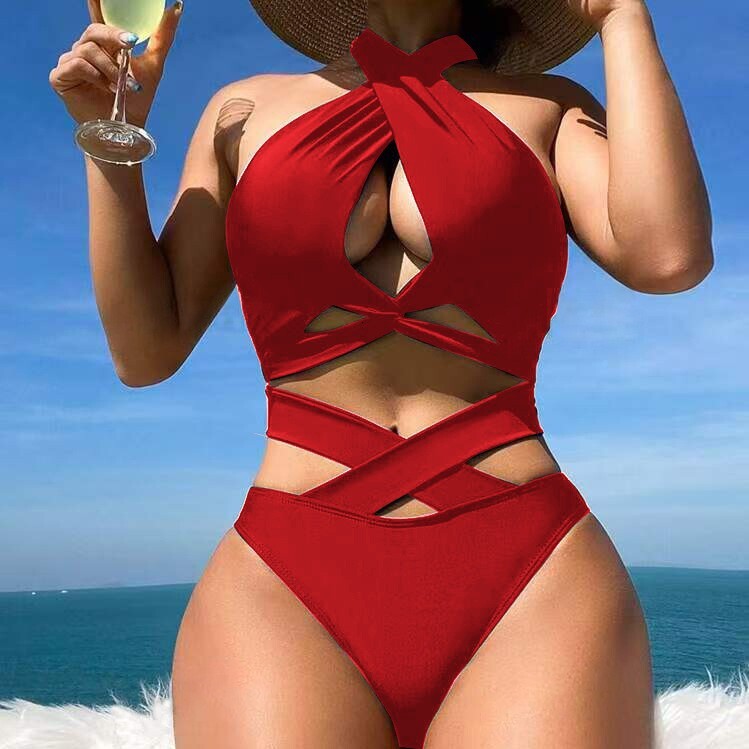 2025 new bikini women's neck hanging cross split two-piece set solid color backless sexy beach swimsuit