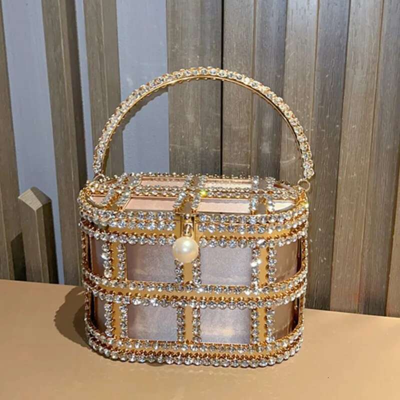 Hollow Out Evening Bucket Metal Cage Crystal Shiny Rhie Dia Wedding Party Clutch Purse Messenger Bag
