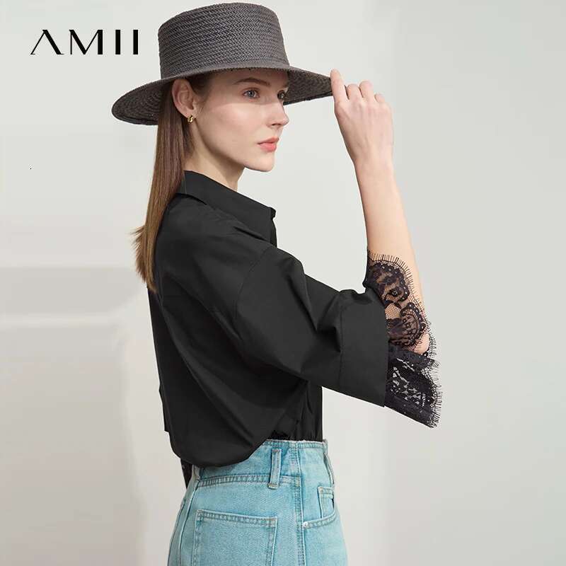Amii Minimalist Cotton Shirts for Women 2025 Summer New Solid Lapel Shoulder Half-sleeve Lace Splicing Loose Tops 12542096