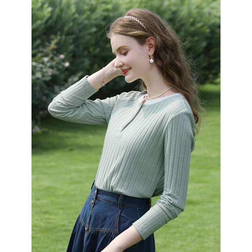 Fake Two-Piece Knitted Top Jacquard Long-Sleeved Tees Women Winter Pearl Button Ribbed Collar T-Shirts