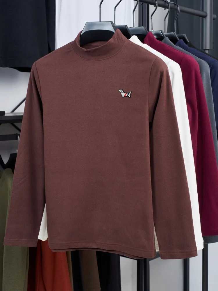 2025 New Autumn and Winter Mens Warm Half High Neck Bottom Exquisite Puppy Embroidery Comfortable Thin Velvet Long Sleeve Top W251106