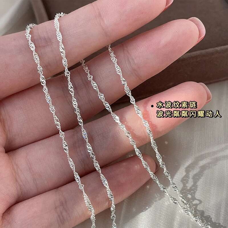 50cm Sterg Sier Sparkg Water Wave Chains Necklace Smooth Choker Simple Women For Girls Wedding Gift Fine Jewelry