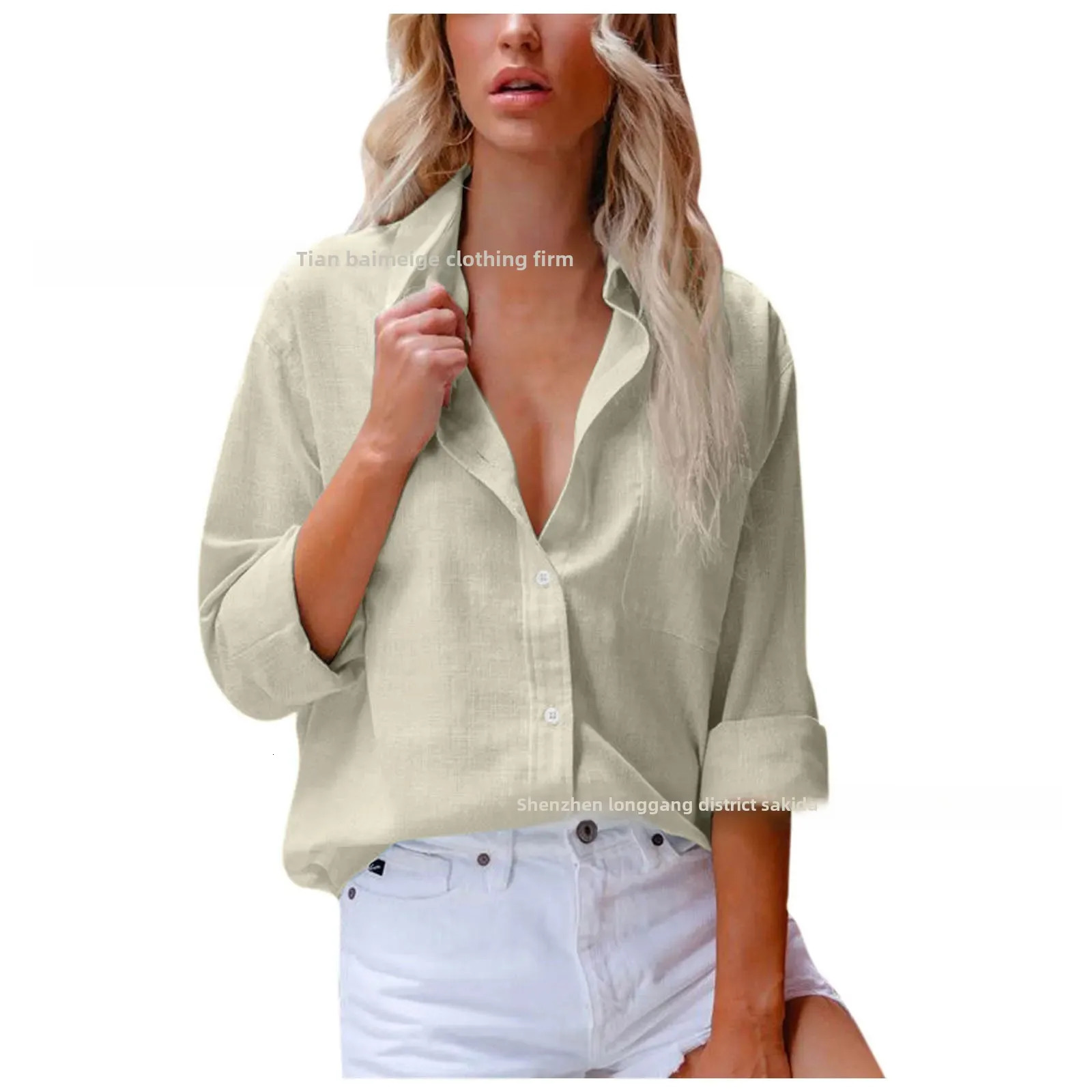 Export Single-breasted Lapel Pure Color Long-sleeved Cotton and Linen Loose Shirt for Women with High n 250402
