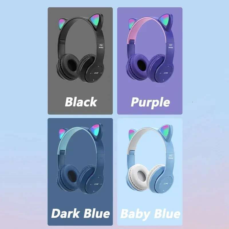 P47M Wireless Headphone Flash Light Cute Cat Ears Fone with Mic Control LED Stereo Music Helmet Phone Bluetooth Headset Gift