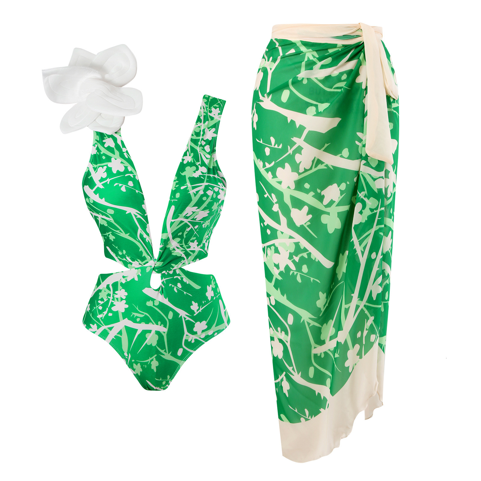 New one-piece swimsuit for women, conservative coverage, slimming effect, floral decoration, mesh wrapped skirt set, swimming suit