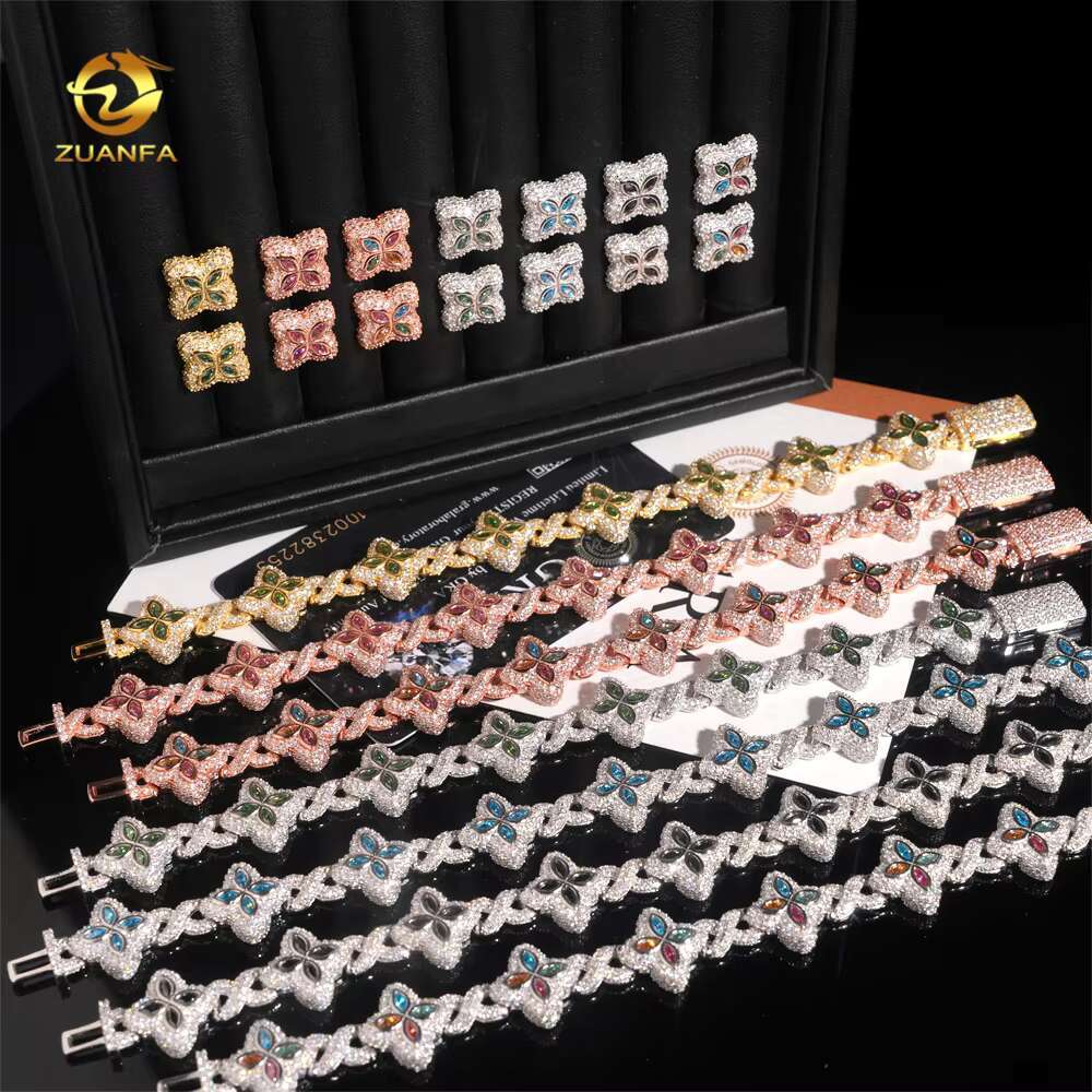 Hot Sale 15mm Color 925 Silver Moissanite Diamond Hip Hop Jewelry Iced Out Moissanite Cuban Link Bracelet Earring Set