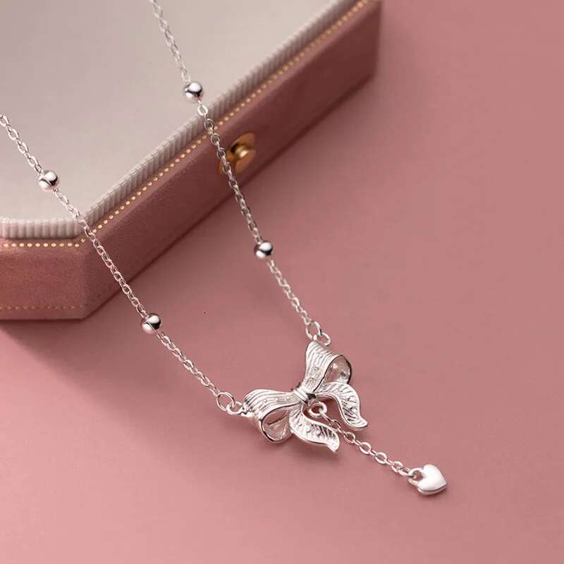 Sterg Sier Exquisite Bow Heart Pendant Necklace Beads Chain Fine Accessories For Women Wedding Party Gifts NK181