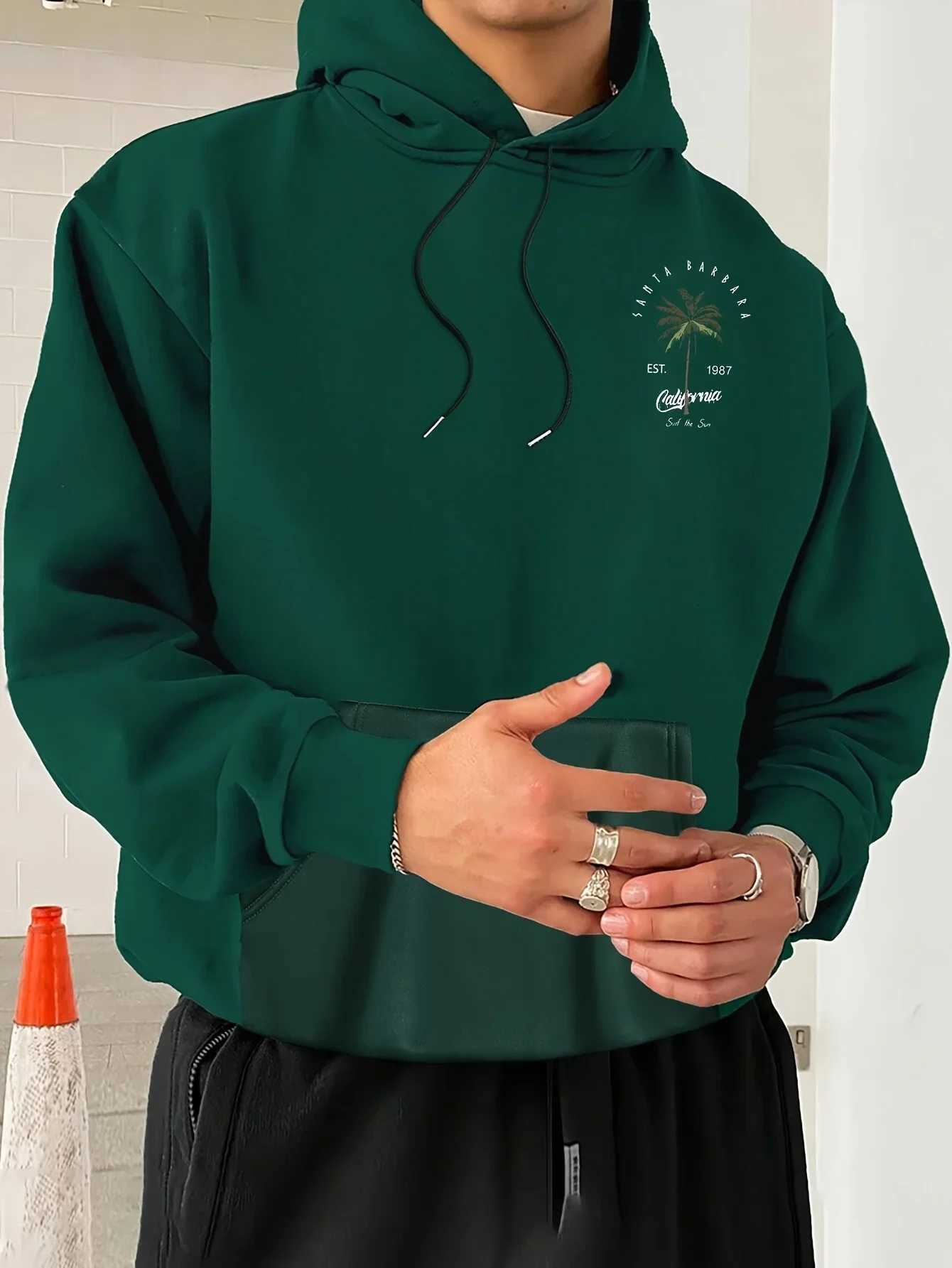 Mens Casual Tropical Palm Tree Print Hooded Sweatshirt with a Loose Fit and Pockets Comfortable Sports Top W251106