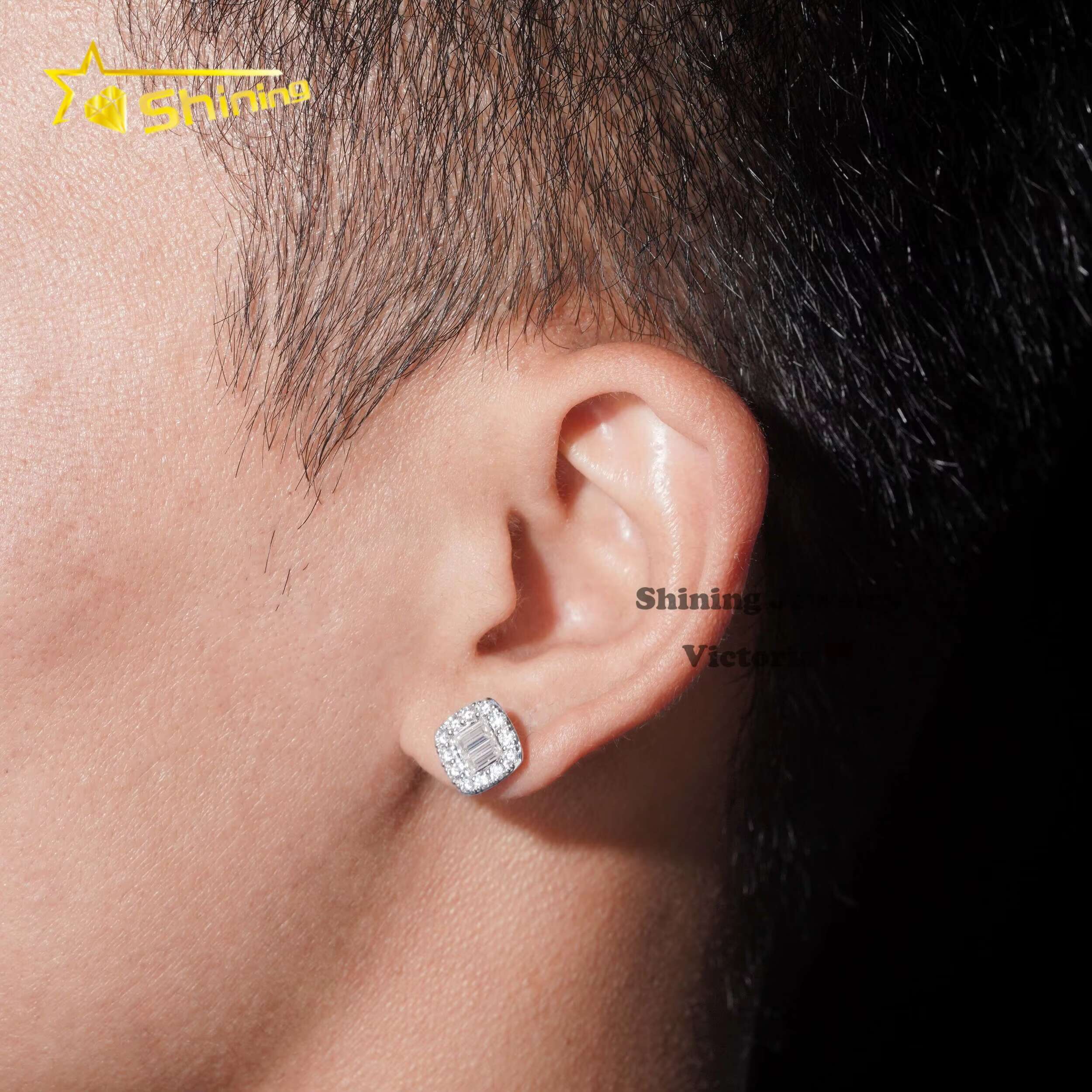 Halo Design Bageutte Stud 10K Soild Gold Mens Hip Hop VVS Moissanite Dia Earrings
