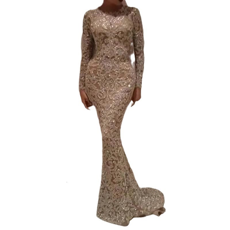 Small Batch 2025 Spring New Womens Clothing Hot Stamping Long Sleeved Slim Fit Sexy Long Skirt Evening Dress