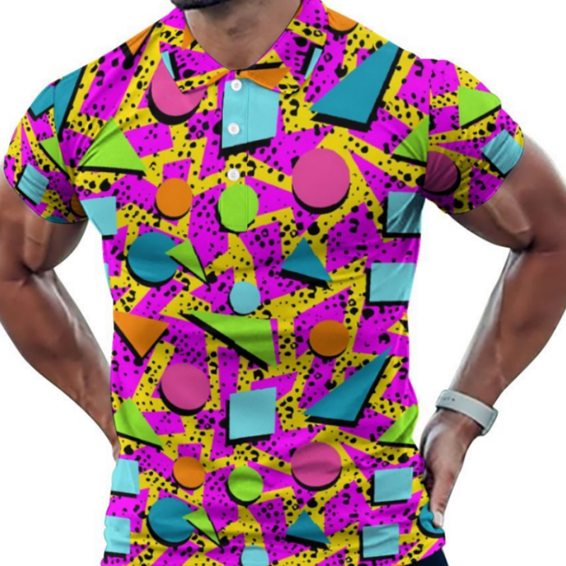 Men's T-Shirts Men's Retro Geometric Print Polo Shirt - 80s Style Colorful Abstract Short Sleeve Polo Top, Casual Fashion Statement Tee for 