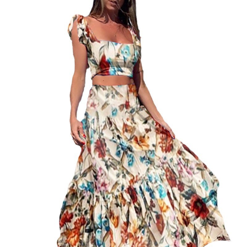 2025 Summer New Waist Top Fashionable Sexy Printed Dress Long Dress Two Piece Set