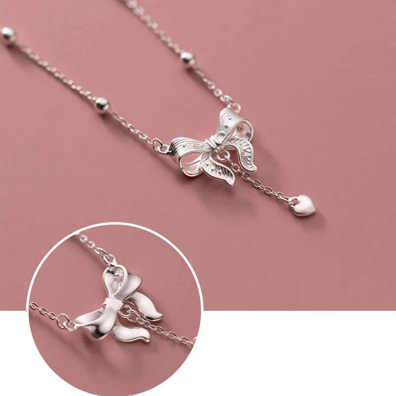 Sterg Sier Exquisite Bow Heart Pendant Necklace Beads Chain Fine Accessories For Women Wedding Party Gifts NK181