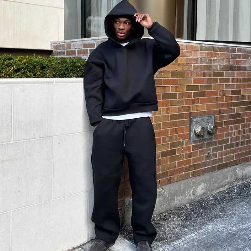 Casual Solid 2 Piece Set Hooded Pullover Straight Pants Tracksuit For Male Fashion Loose Hoodies Sweatshirt Wide Leg Sweatpants W251106