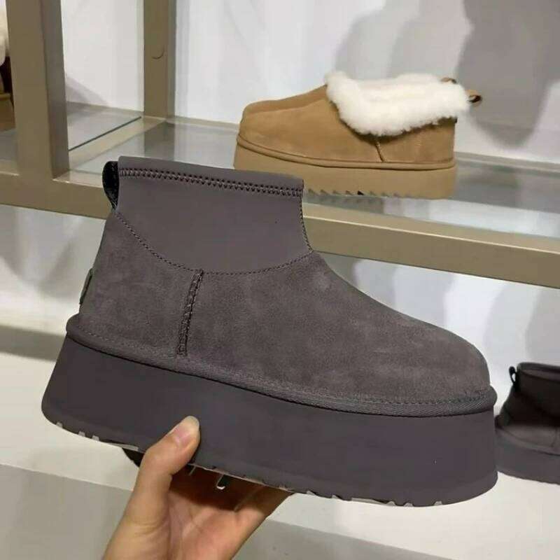 2025 Women's Winter Thick Bottom Heightening Mini Short Fur Leather Snow Boots Round Toe TPR Shoe Heel Other Pattern Solid Color