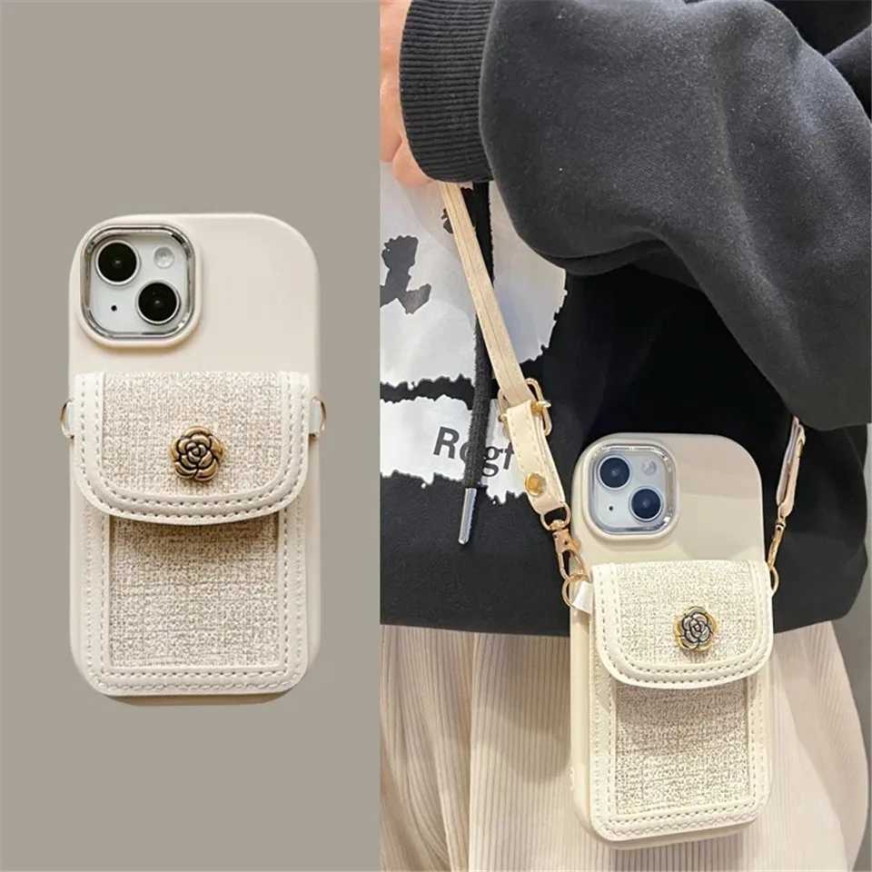 Korean 3D Camellia Leather Card Bag Crossbody Lanyard Soft Soap Case For iPhone 15 14 Pro Max 13 12 11 XS X XR 7 Plus Cover J251202