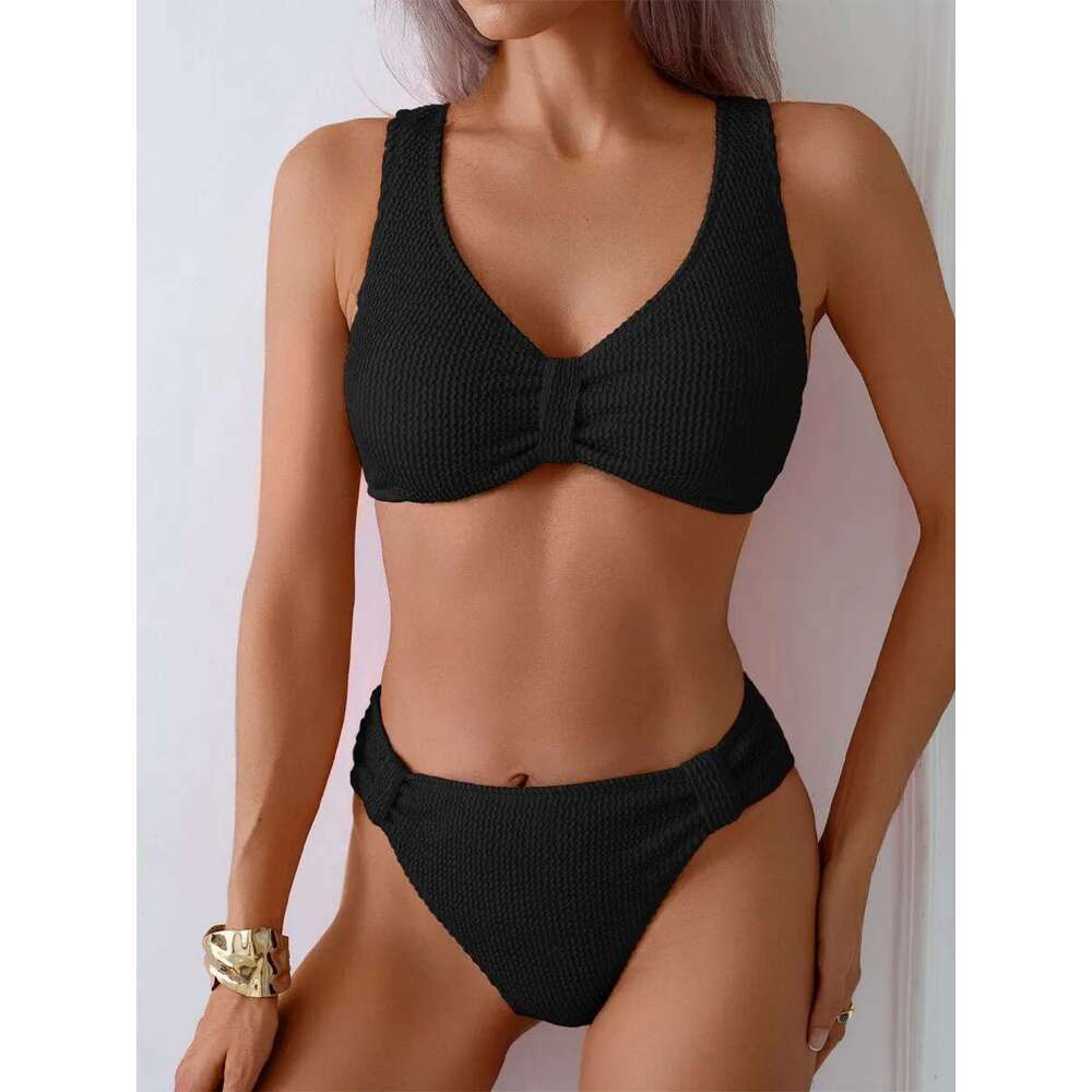 2025 Summer New Women's 2 Piece Swimsuit Solid Color High Waist Bikini Set V-neck Backless Beach Vacation Bathing Suit Swimwear