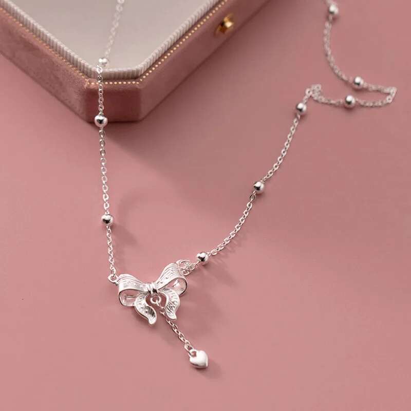 Sterg Sier Exquisite Bow Heart Pendant Necklace Beads Chain Fine Accessories For Women Wedding Party Gifts NK181