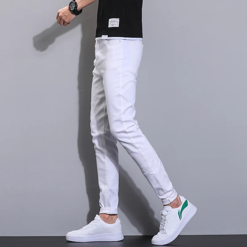 pure white 98 cotton ultrathin jeans for mens stretch and comfortable tight denim Trouser Korean classic fashion casual pants 250401