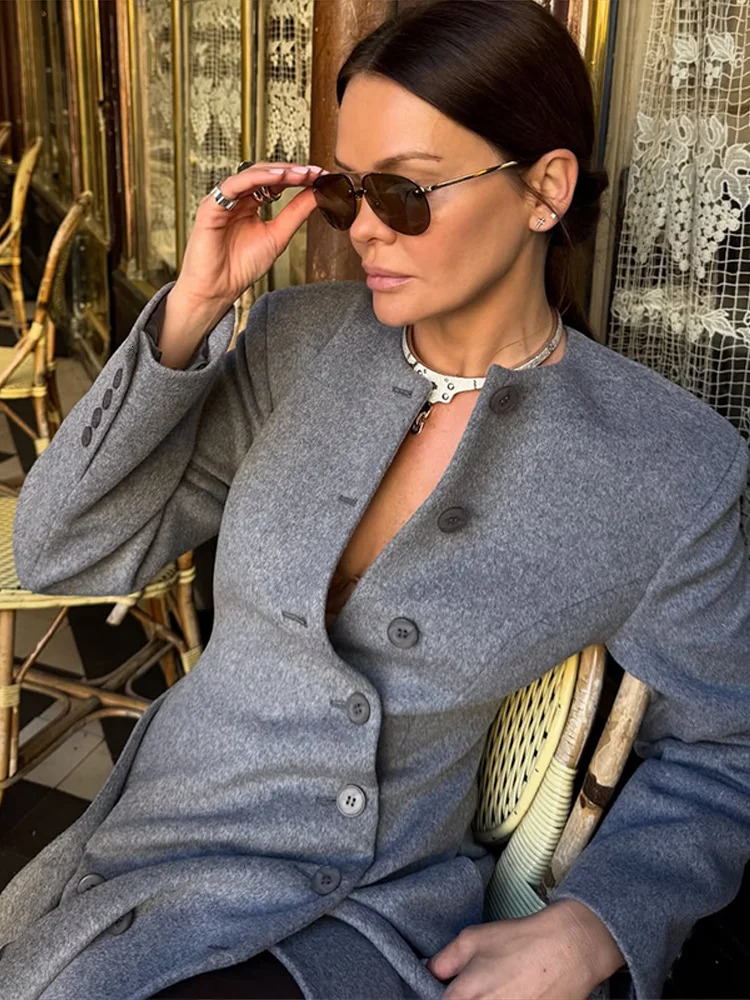 Womens Long Coats Collarless Asymmetric Button Woolen Coat Autumn Female O-neck Long Sleeve Slim Jacket Lady Outerwear 251105