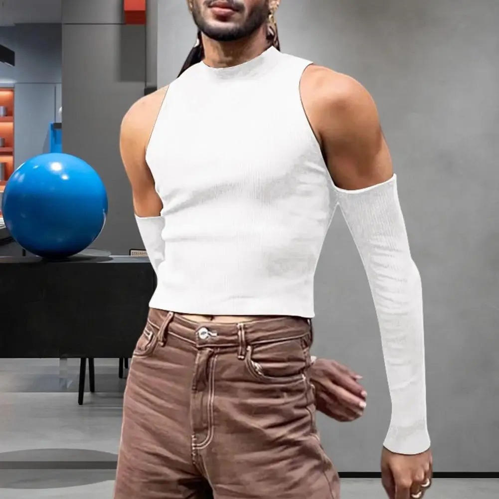 Sexy mens club top with hollow long sleeves at the shoulders plus size slim fit solid color semi high neck breathable party vest 250403