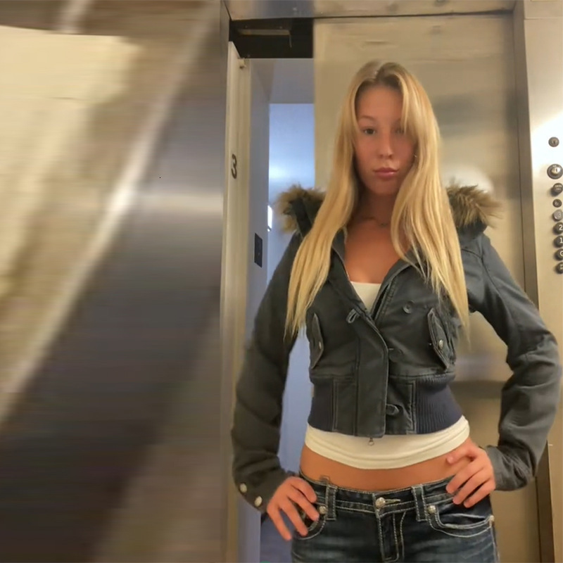 American Vintage Y2K Fur Lined Bomber Jacket Womens Brown Hooded Coat with Faux Fur Trim and Ribbed Cuffs Fashionable and Casual251022