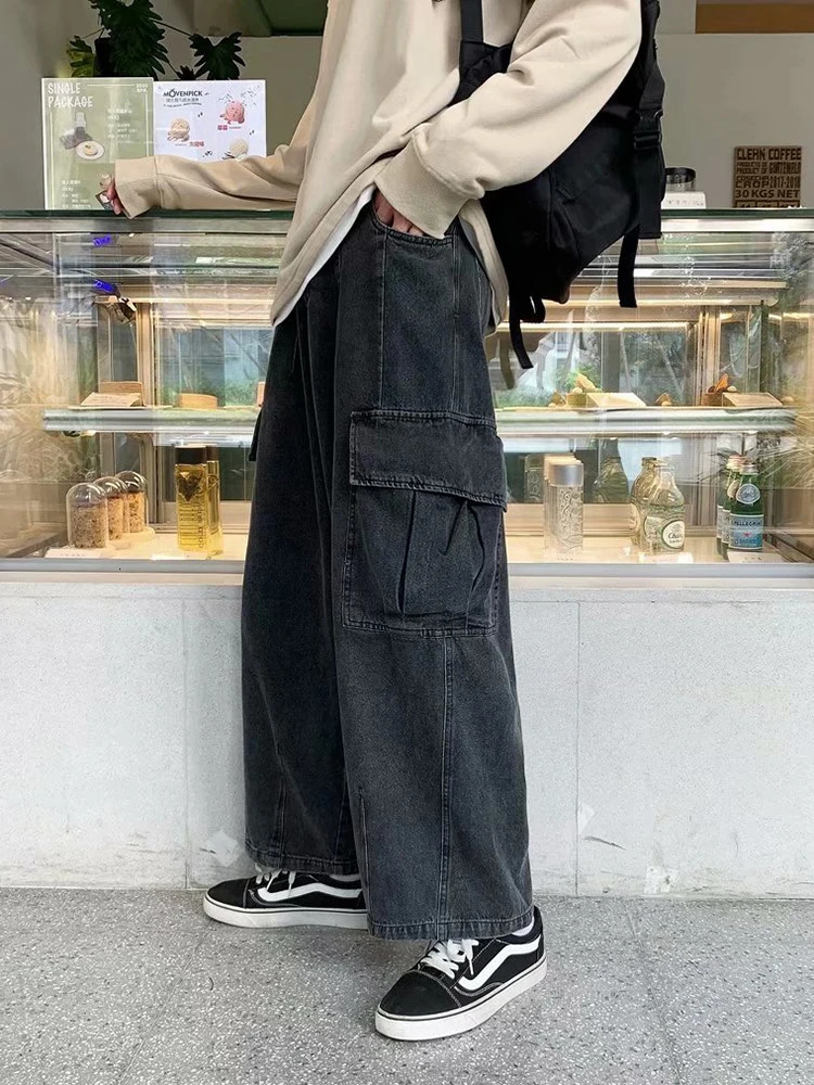 Baggy jeans mens oversized streetwear fashion wide leg cargo pants hip-hop Harajuku multi pocket denim Trouser black blue 250402