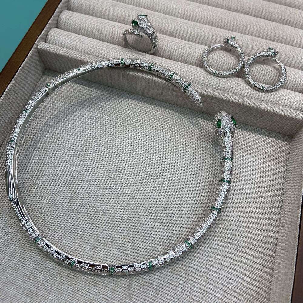 Real Gold Plated Zircon Snake-Shaped Personality Necklaces Small Snake Earrings Women's Ring Set Fashion Full Diamond Light Luxury Jewelry