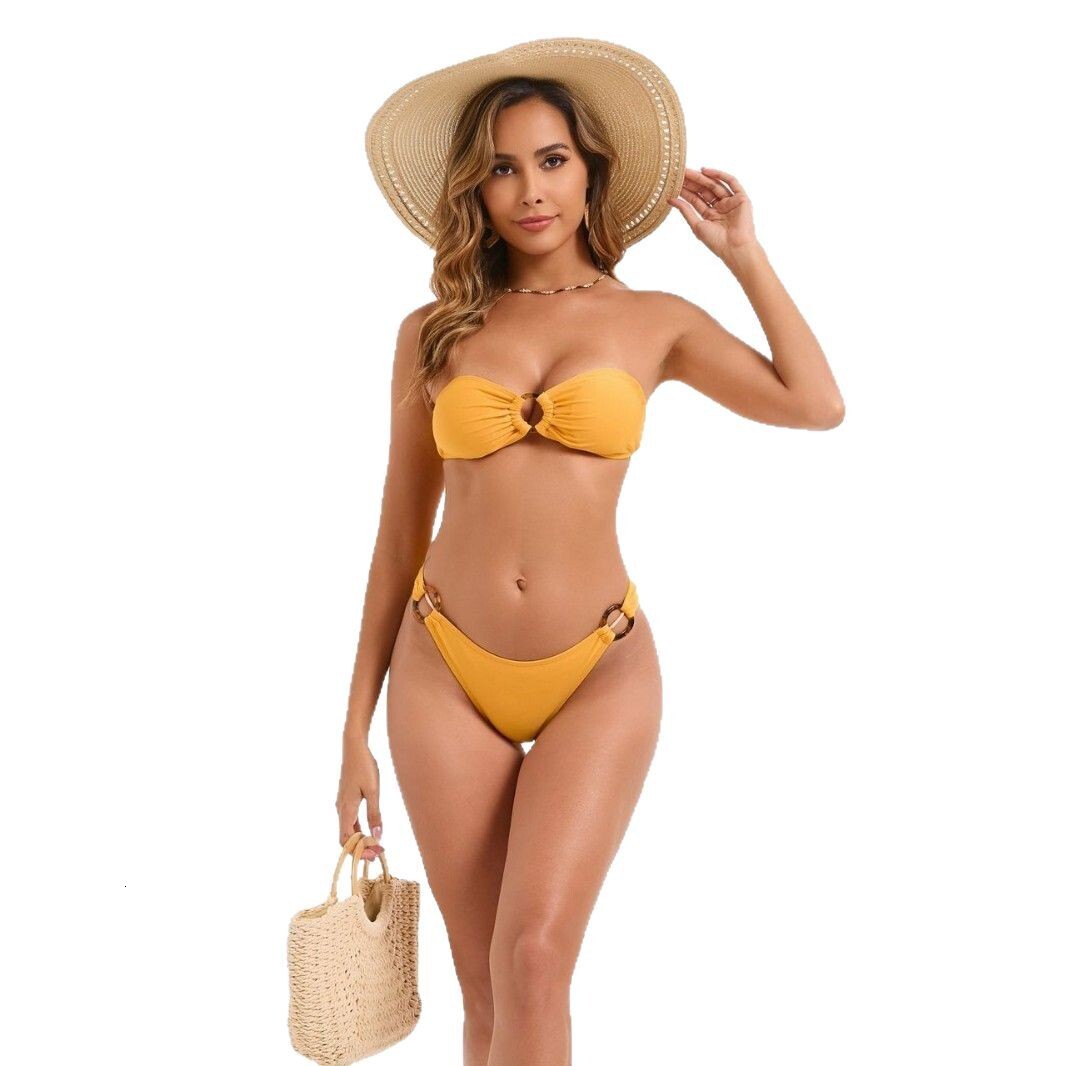 2025 new sexy strapless accessory ring backless solid color bikini swimsuit for women