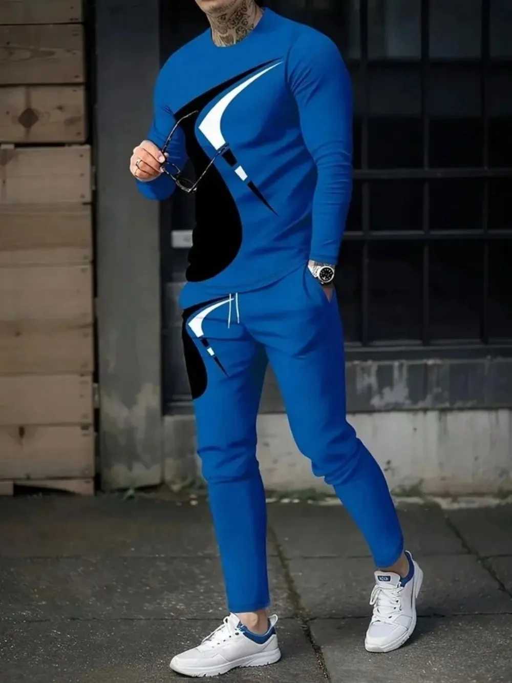 Fashionable mens summer striped pentagram print breathable round neck long sleeved pants set outdoor casual clothingXJ251106