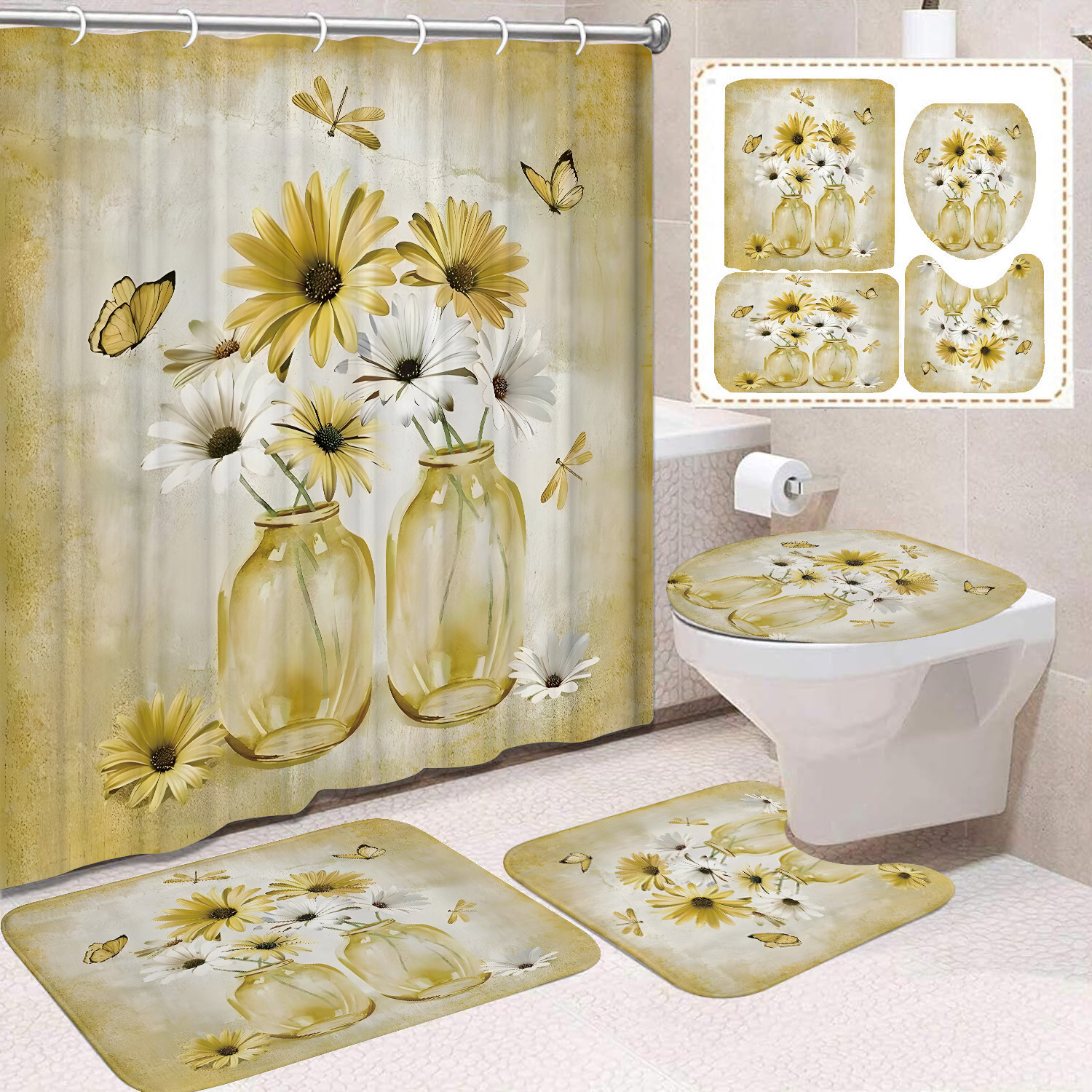 YL-37649 Factory direct sales watercolor daisy bathroom shower curtain/toilet partition curtain/no-drill curtain/shower curtain