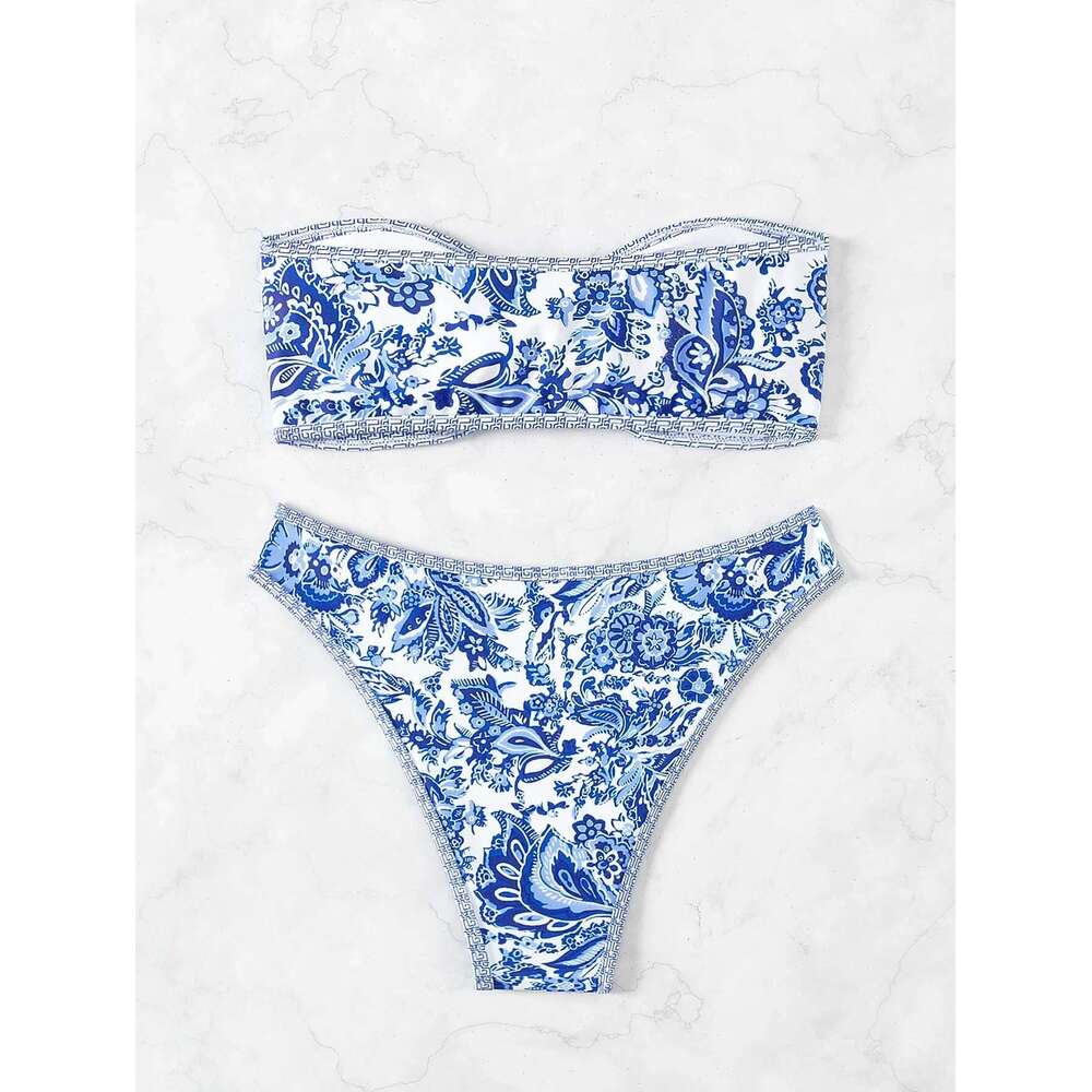 Women's Strapless Sexy Bikini Set Blue White Porcelain Printed 2 Piece Swimsuit 2025 Summer Bandeau Beach Vacation Bathing Suit