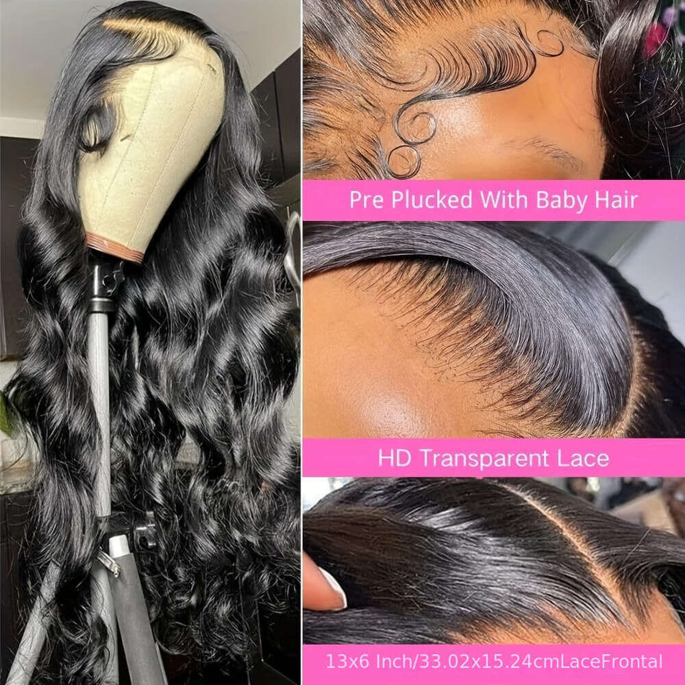 13X4 Transparent Front 100% Brazilian Human 180% Density Body Wave Natural Black Color Pre-Plucked Hairline & Eyebrow/Forehead Hair - Full Lace Fronta