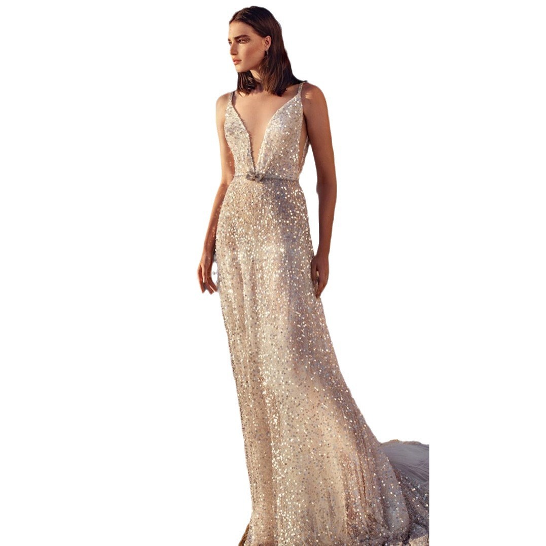 2025 Summer New Womens Dress V-neck Sleeveless Waist Cinched Silver Sequin Suspender Dress