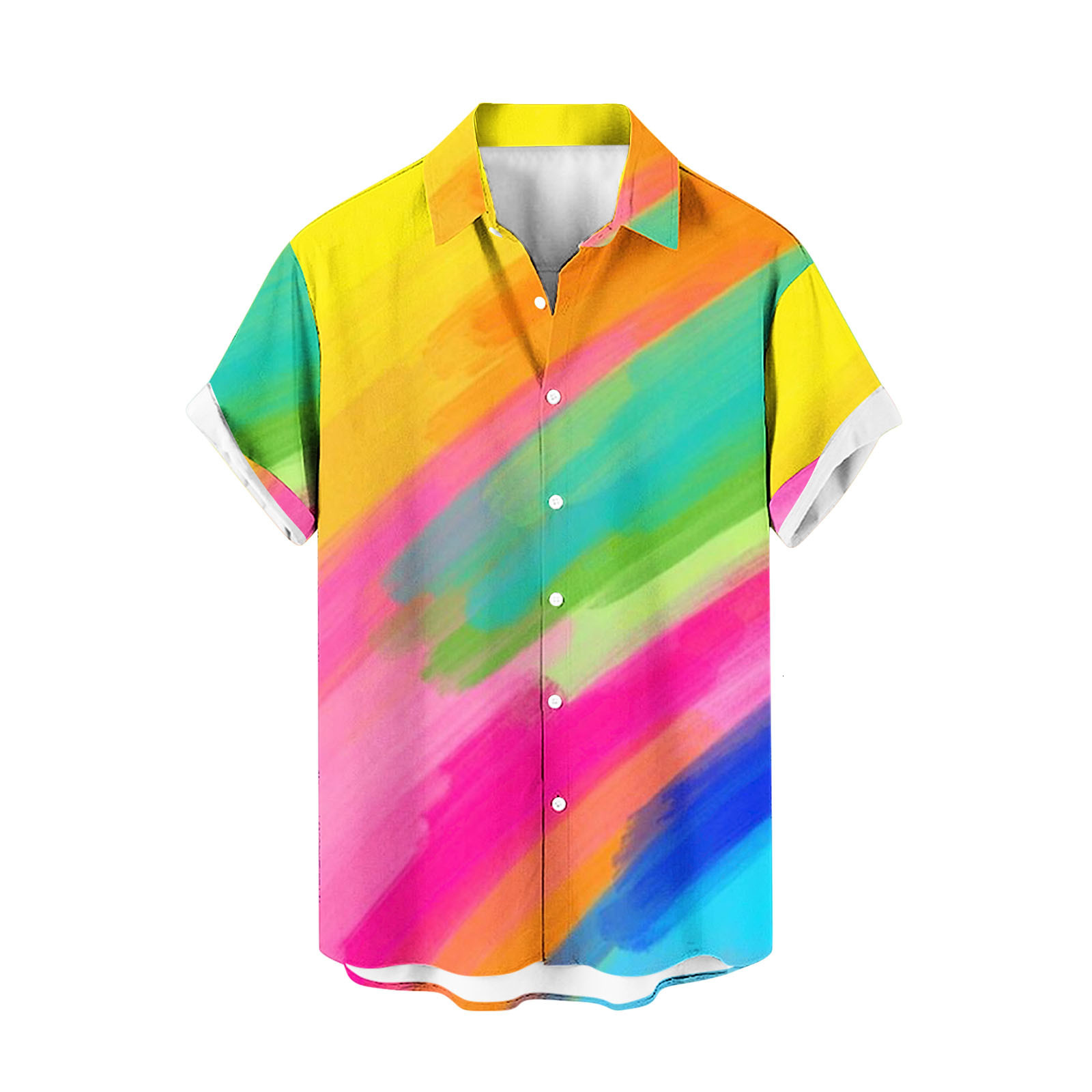2024 Mens Spring New Four sided Elastic Collar Rainbow Printed Hawaiian Beach Casual Short sleeved Shirt