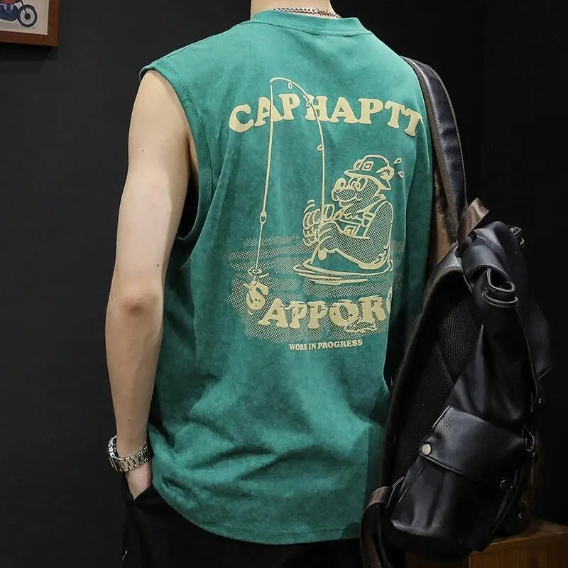 Heavy duty summer round neck mens sleeveless vest loose large street print sports full matching T-shirt 250403