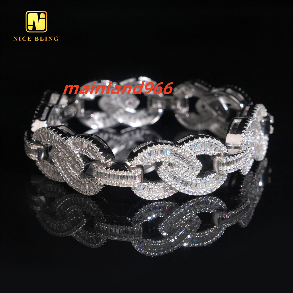 Baguette Custom15mm Iced Out Fine Hip Hop Style Men Jewelry Infinity Cuban Link Chain 925 Silver VVS Moissanite Diamond Bracelet