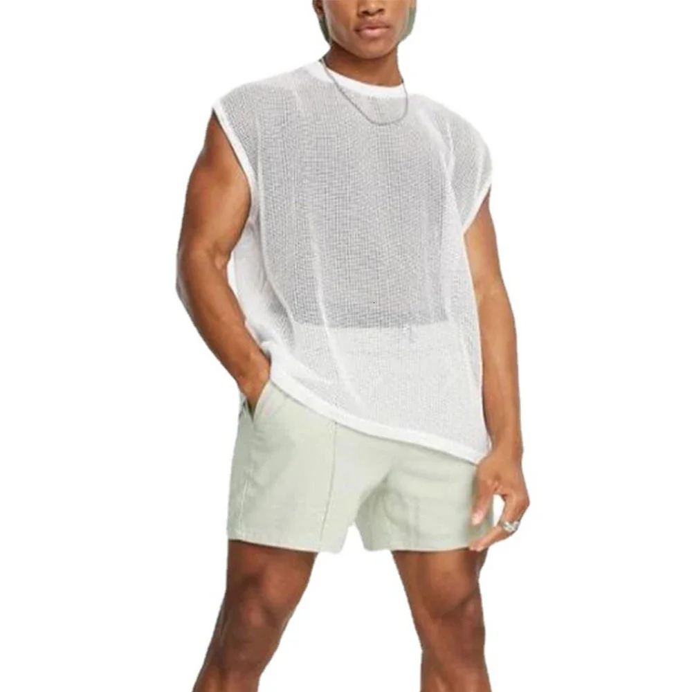 Mens mesh top summer loose white transparent hollow casual sexy vest mens nightclub T-shirt 250403