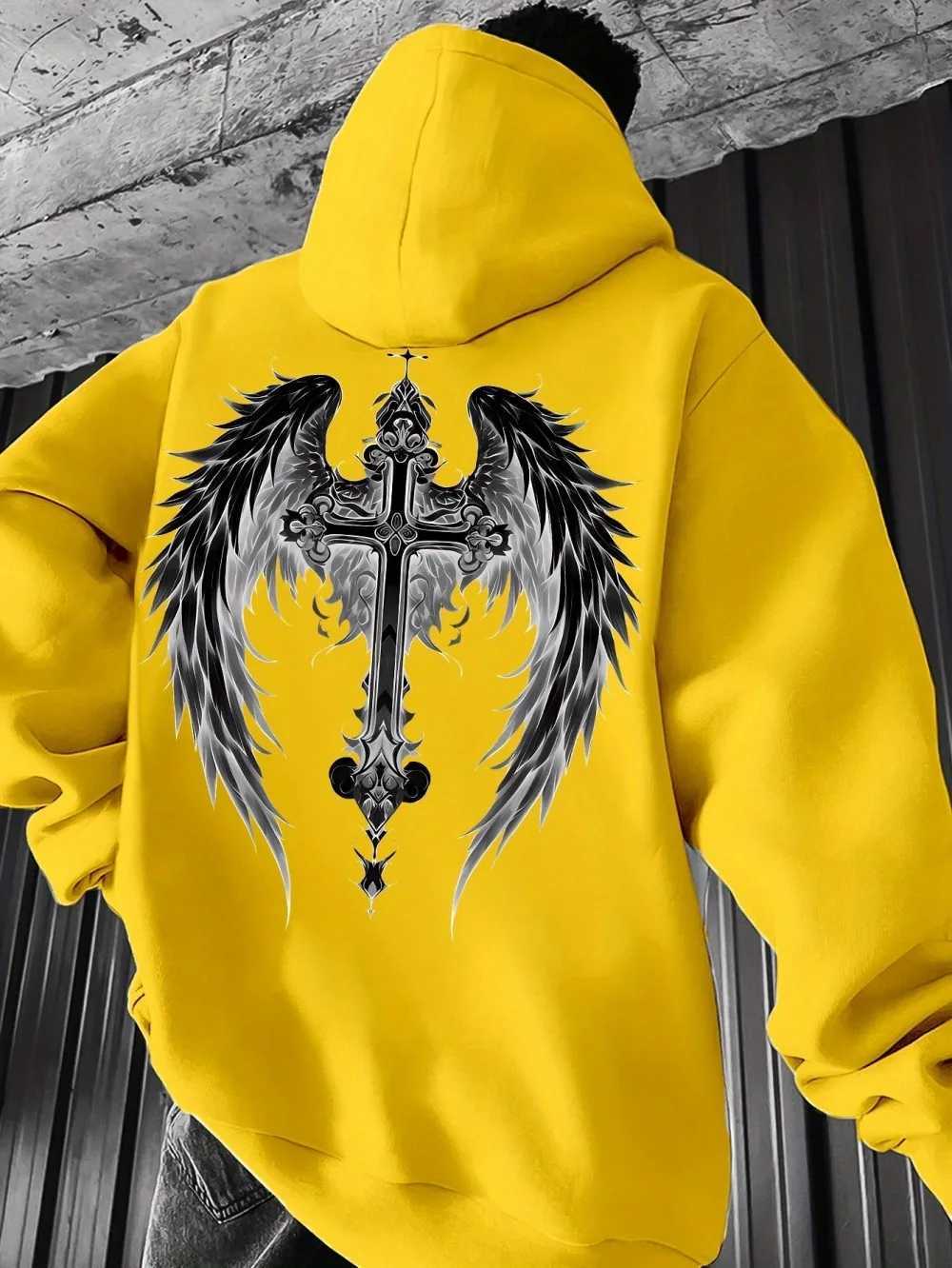 Hot selling autumn mens personalized angel wing print soft and comfortable hooded sweatshirt outdoor urban high street clothing W251106