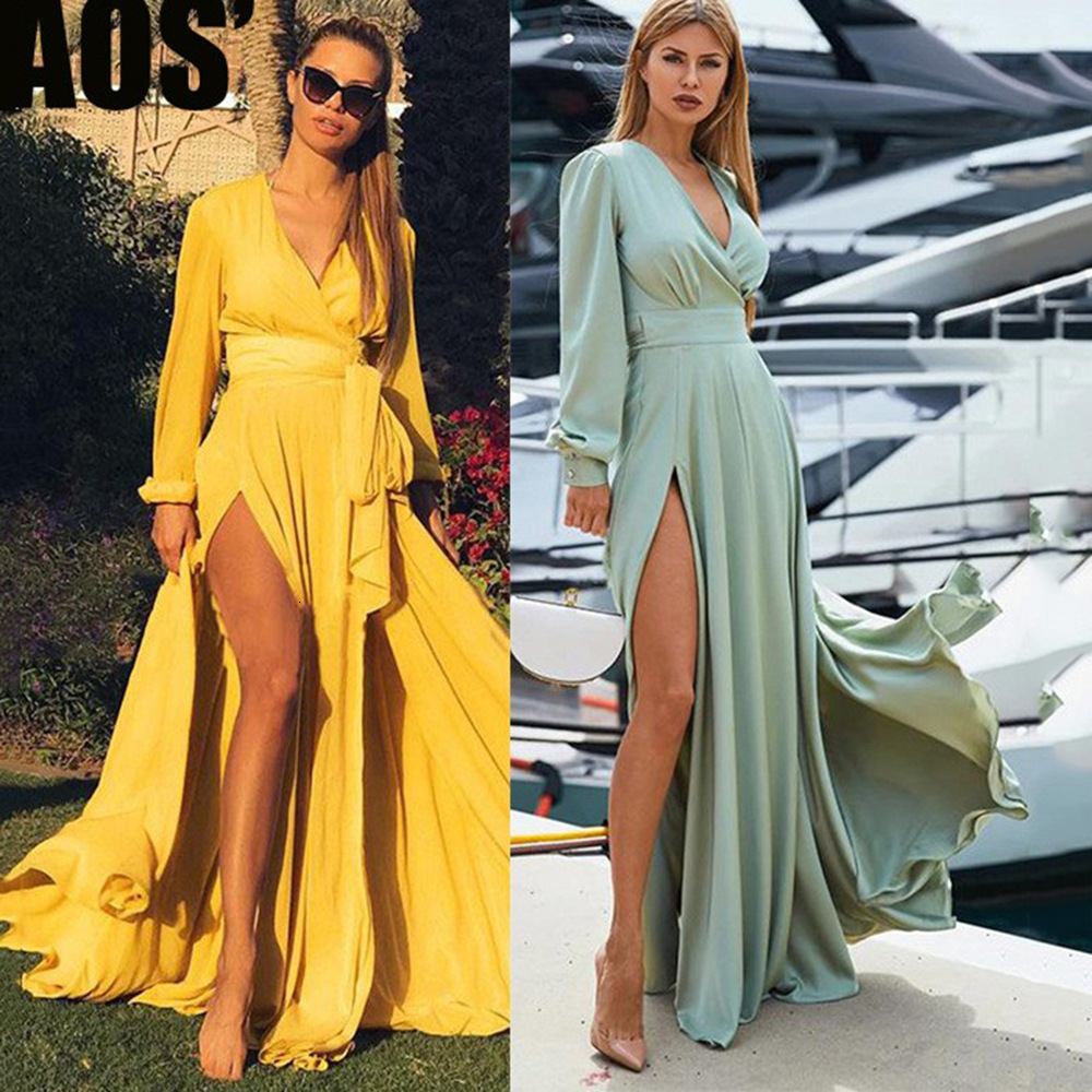 2025 New Womens Deep V-neck Splicing Split Long Dress Solid Color Fashion Yellow Dress