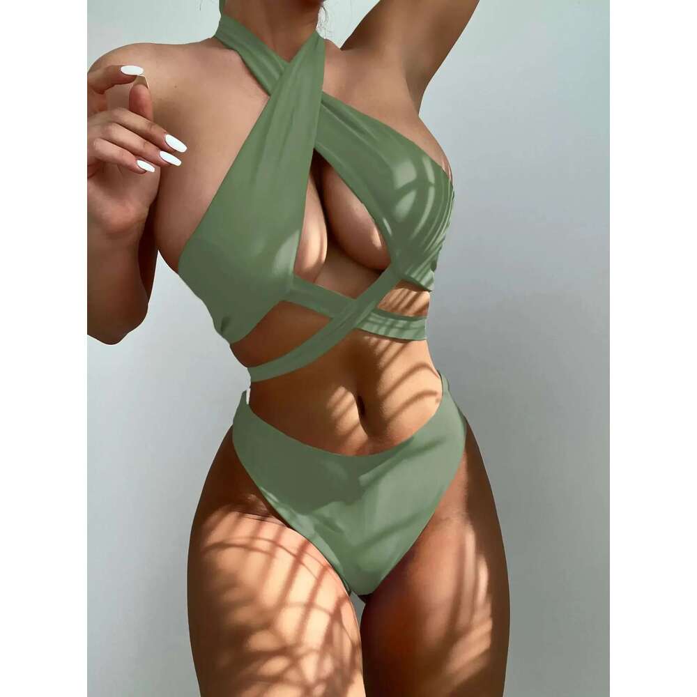 Sexy Neck Cross Bikini Set 2023 Women Solid White Black Push Up Hollow Out Swimsuit Summer Bathing Suit High Waist Swimwear