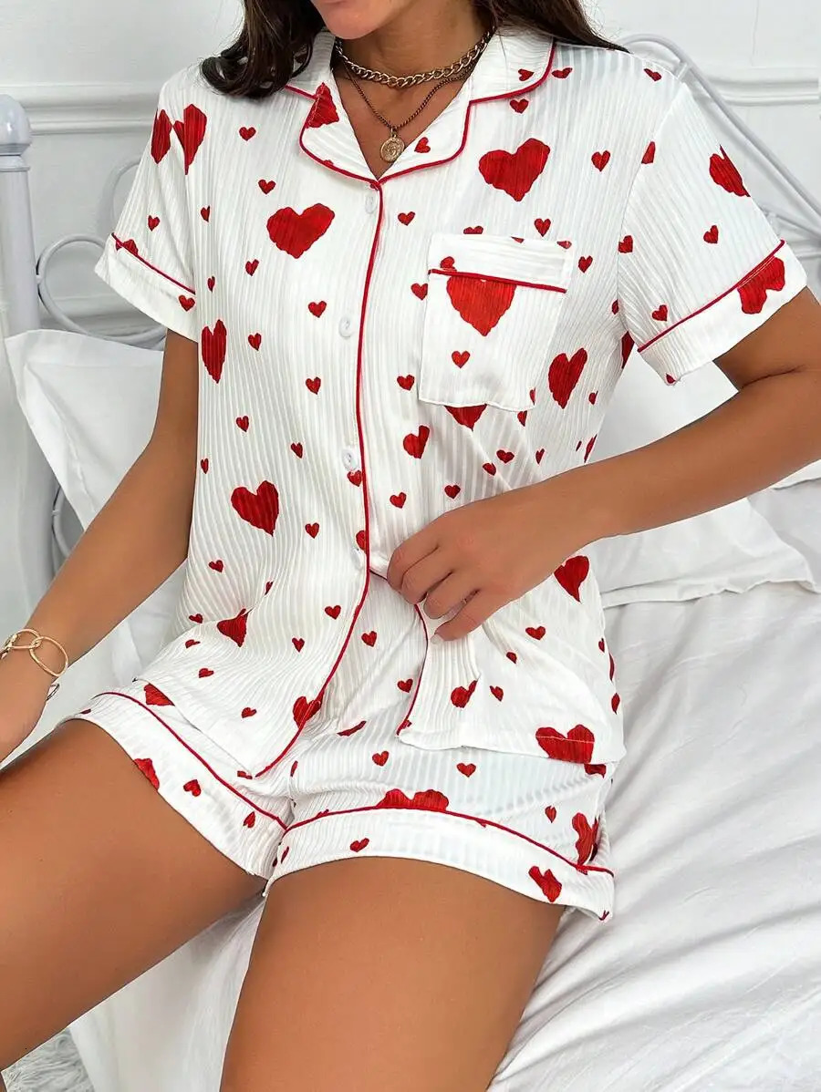 Heart Print Pajama Set Casual Short Sleeve Buttons Lapel Top Elastic Shorts Womens Sleepwear breathable soft Nightwear Homewe 250402