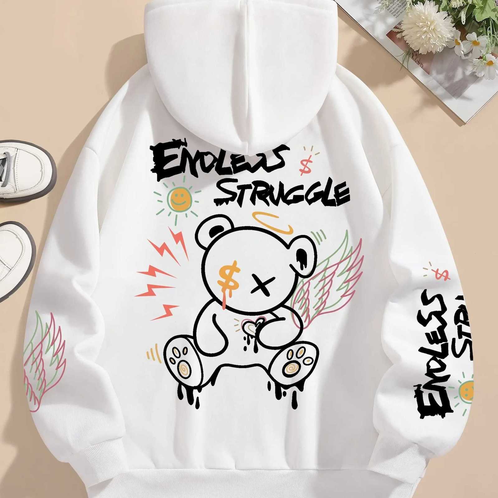 Personalized bear print hoodie for autumn and winter couples casual pullover sweatshirt fashionable and comfortable hoodie S-3XL W251106