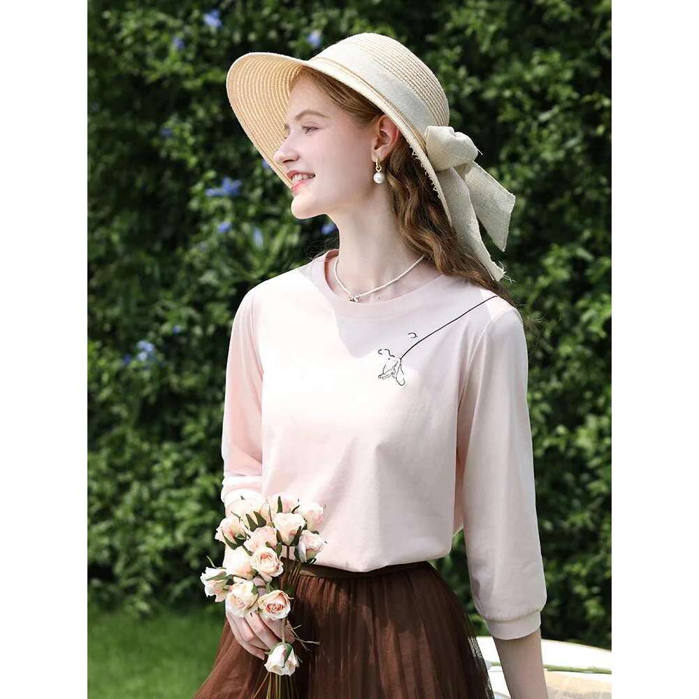 T-Shirts For Women Autumn New Graphic Gentle Embroidery Three Quarter Sleeve Chic Base Clothing