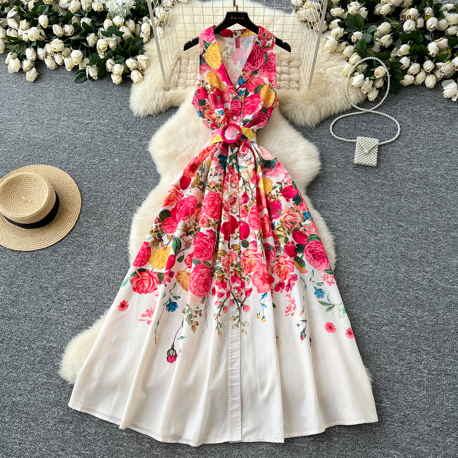 Casual Dresses French Elegant Notched Collar Sleeveless Dress Women Print Belt Pearl Buttons Long Party Dress Female Casual Holiday Clothing 2025