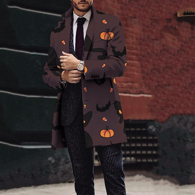 2024 new mens Christmas and Halloween printed woolen medium long coat mens woolen coat