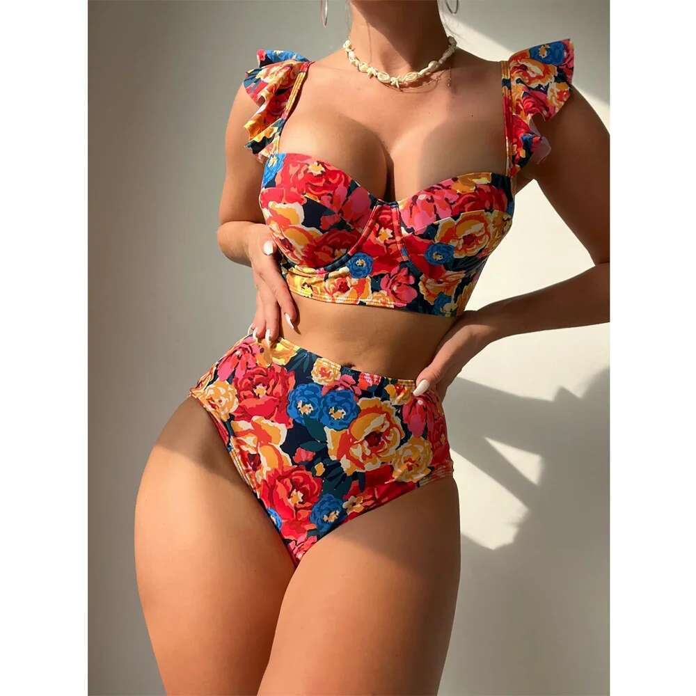 2024 ral Print Swimsuit Women 2 Piece Ruffle Bikini Sexy Underwire Push Up Bathing Suit High Waist Swimwear Summer Beachwear