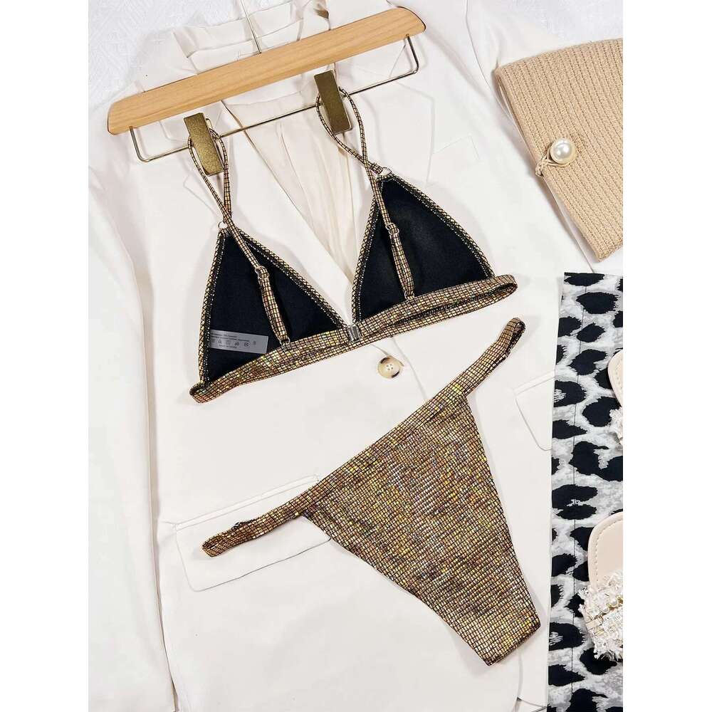 Gold glitter swimsuit women 2023 shiny two piece bikini sexy V-neck suspender swimwear high waist ackless bathing suit XMC185W