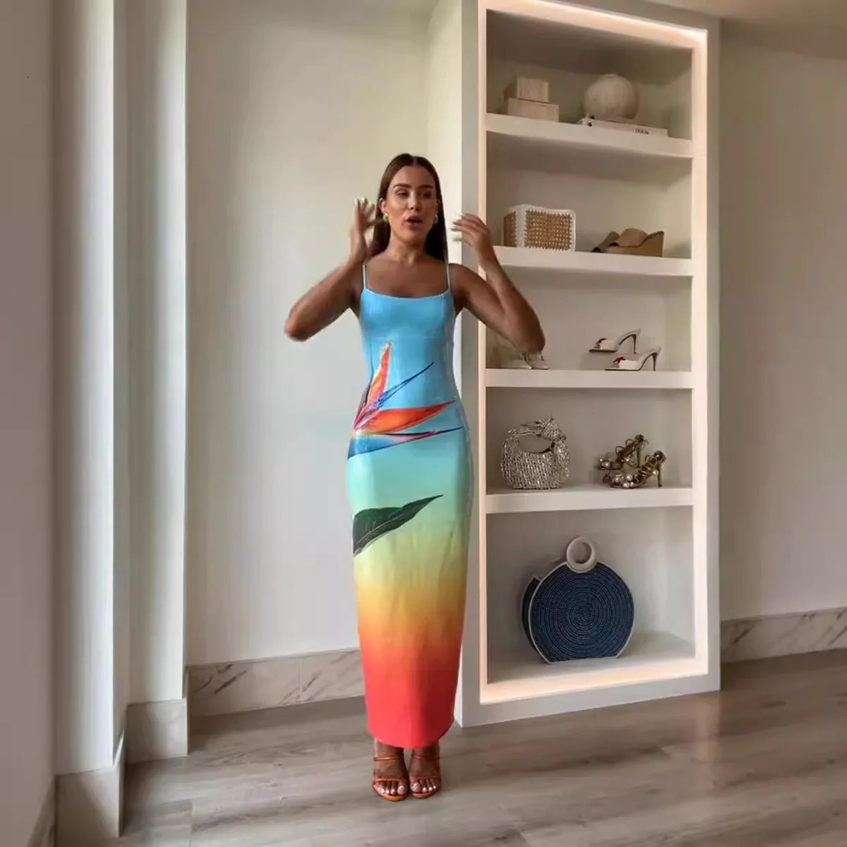 Spring/Summer Suspension Skiing Temperature Fashion Glitter Printed Dress INS Casual Party Elegant Split Dress 250401